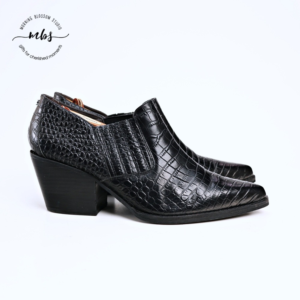 Sam Edelman Walton Black Croc Leather Pointed Toe Western Ankle Booties Women 9